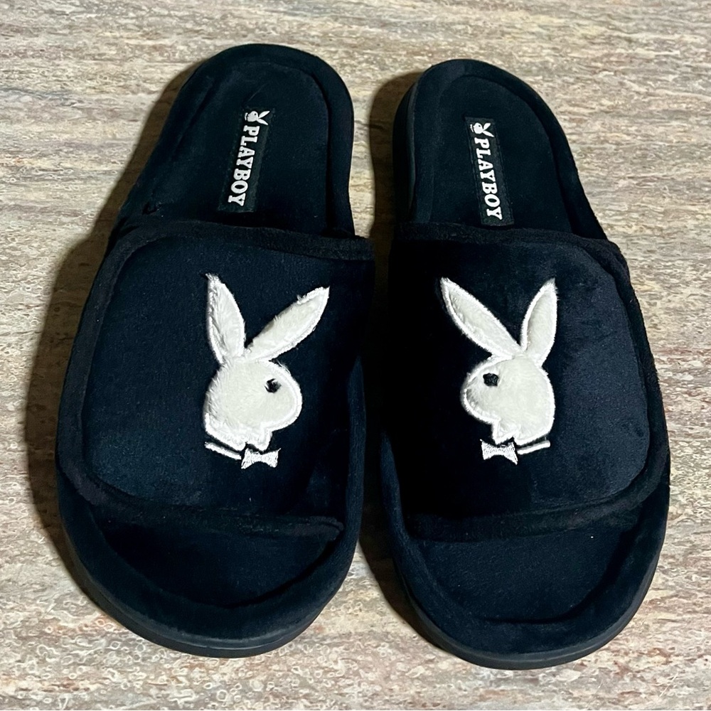 Playboy Black Fuzzy Slippers with Velcro